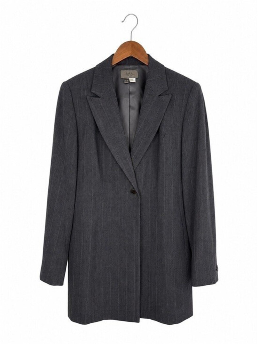 Zara Woman Gray Wool Blend Pinstripe Longline One-Button Blazer Size 8